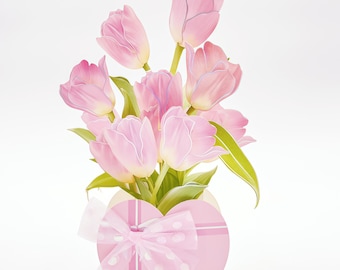 3D Tulip Pop Up Card, Pink Flower Bouquet Mother’s Day Gift for Mom