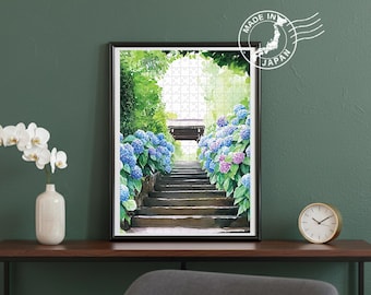 Kamakura Meigetsu-in Handmade Puzzle – Hydrangea Flower Temple Art | Original Scenic Art by Japanese Artist | Japan Wall Art | Japan Decor