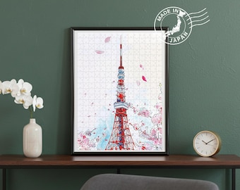 Tokyo Tower Handmade Puzzle – Cherry Blossoms Sakura Art | Original Scenic Art by Japanese Artist | Japan Wall Art | Japan Decor