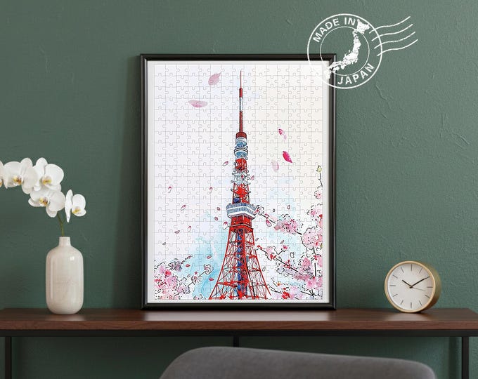 Tokyo Tower Handmade Puzzle – Cherry Blossoms Sakura Art | Original Scenic Art by Japanese Artist | Japan Wall Art | Japan Decor