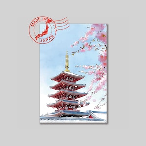 Tokyo Senso-ji Postkarte – Tempel Kirschblüten Sakura Art | Original Landschaftskunst von Japanischer Künstler | Japan Wand Kunst | Japan Dekor