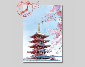 Tokyo Senso-ji Postcard – Temple Cherry Blossoms Sakura Art | Original Scenic Art by Japanese Artist | Japan Wall Art | Japan Decor