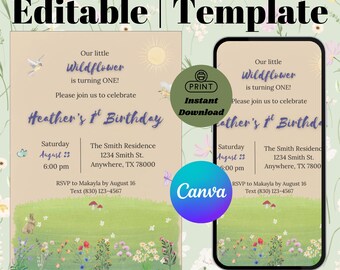 Wildflower 1st Birthday Invitation: Spring Garden Party Canva Template