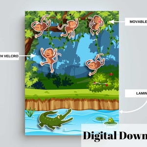 May include: A digital download of a jungle scene with monkeys hanging from vines. The scene includes a crocodile in a river and a frog on a lily pad. The monkeys and crocodile are movable pieces that can be attached with Velcro. The image is labeled "Movable Pieces" and "Laminate".