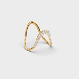 Curved Wave Moissanite Ring, Gold Plated Sterling Silver, Minimalist Stackable Band
