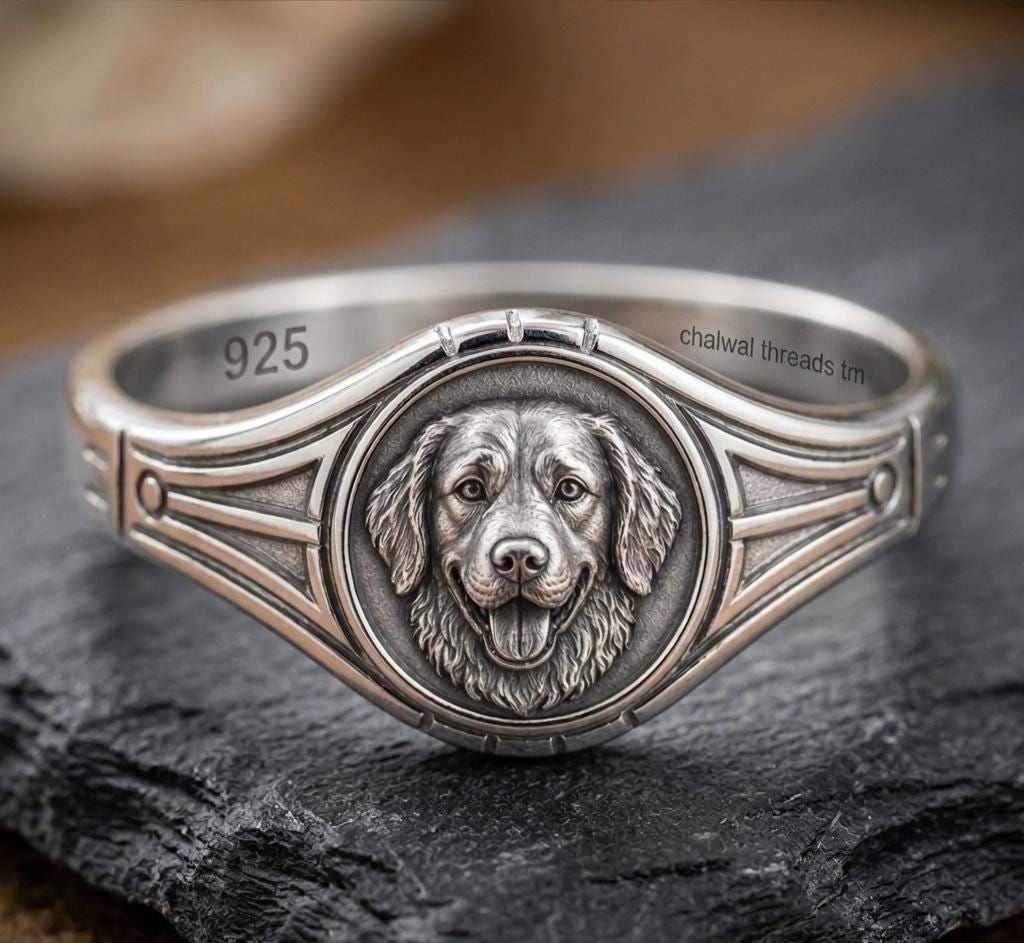 Sterling Silver Dog Face Signet Ring, Detailed Pet Portrait Jewelry