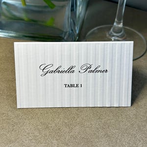 Può includere: Un segnaposto rettangolare bianco piegato con una trama a coste verticali. Il cartoncino riporta il nome Gabriella Palmer stampato in un carattere corsivo nero, con la scritta TABLE 1 stampata sotto in un carattere nero sans-serif più piccolo.