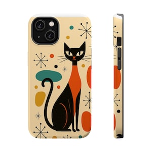 May include: A phone case with a mid-century modern design featuring a black cat with an orange neck and a cream background. The case has a repeating pattern of starbursts, teal ovals, and orange and yellow shapes.