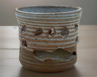 Vintage Studio Art Pottery Votive Candle Holder Luminaria Cut-Outs Signed/Dated