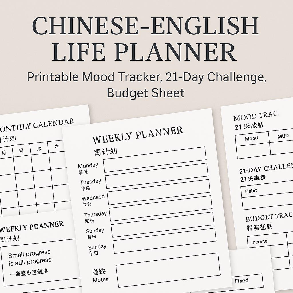 Agenda chinois-anglais PDF | Agenda bilingue quotidien + hebdomadaire | Suivi de l'humeur imprimable, défi 21 jours, feuille de budget