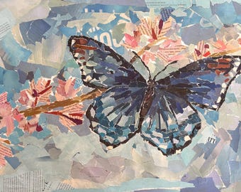 Blue Butterfly Magazine Collage Wall Art - 18x12 Inches