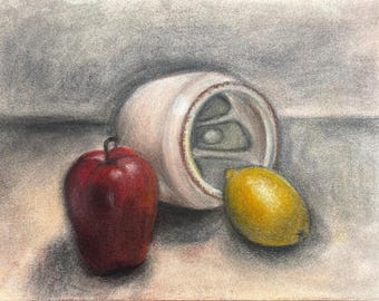 Chalk Pastel Fruit and Vase Still Life - 12x9 Inches