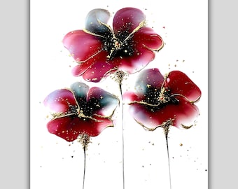 May include: A floral art print featuring three stylized flowers with deep red petals, accented with gold and touches of gray. The flowers have long, thin black stems against a white background. The artwork has a modern, abstract style.