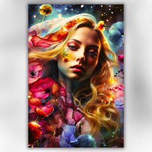Ethereal Floral Portrait – Surreal Woman Surrounded by Dreamlike Flowers