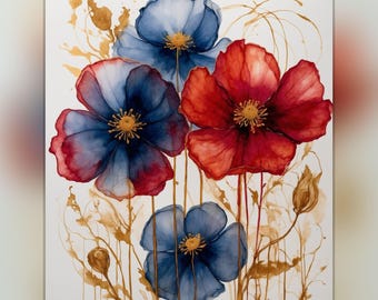 Conjunto de 5 láminas de amapolas en acuarela roja y azul: colección de arte mural floral moderno