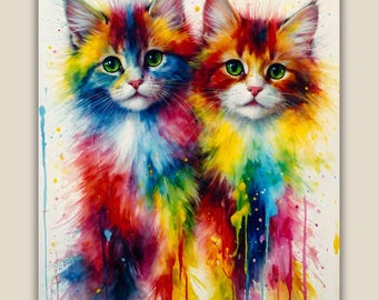 虹色の吐き気を催す子猫、面白い猫のアート、猫の水彩画、虹色の猫、虹