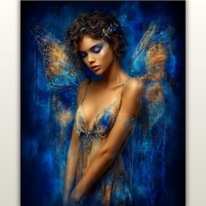 May include: A digital art print of a woman with blue eyeshadow and a delicate, ethereal appearance. She has curly brown hair and is adorned with butterfly-like wings in shades of gold and blue. The artwork has a dreamy, fantasy theme.