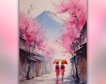 桜空の下 - 日本の街並みの水彩画