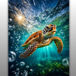 May include: An underwater image of a sea turtle, with a brown and tan shell, swimming in clear water. Sunlight filters through the surface, creating beams of light. Bubbles and the ocean floor are also visible. The scene is predominantly blue and green.