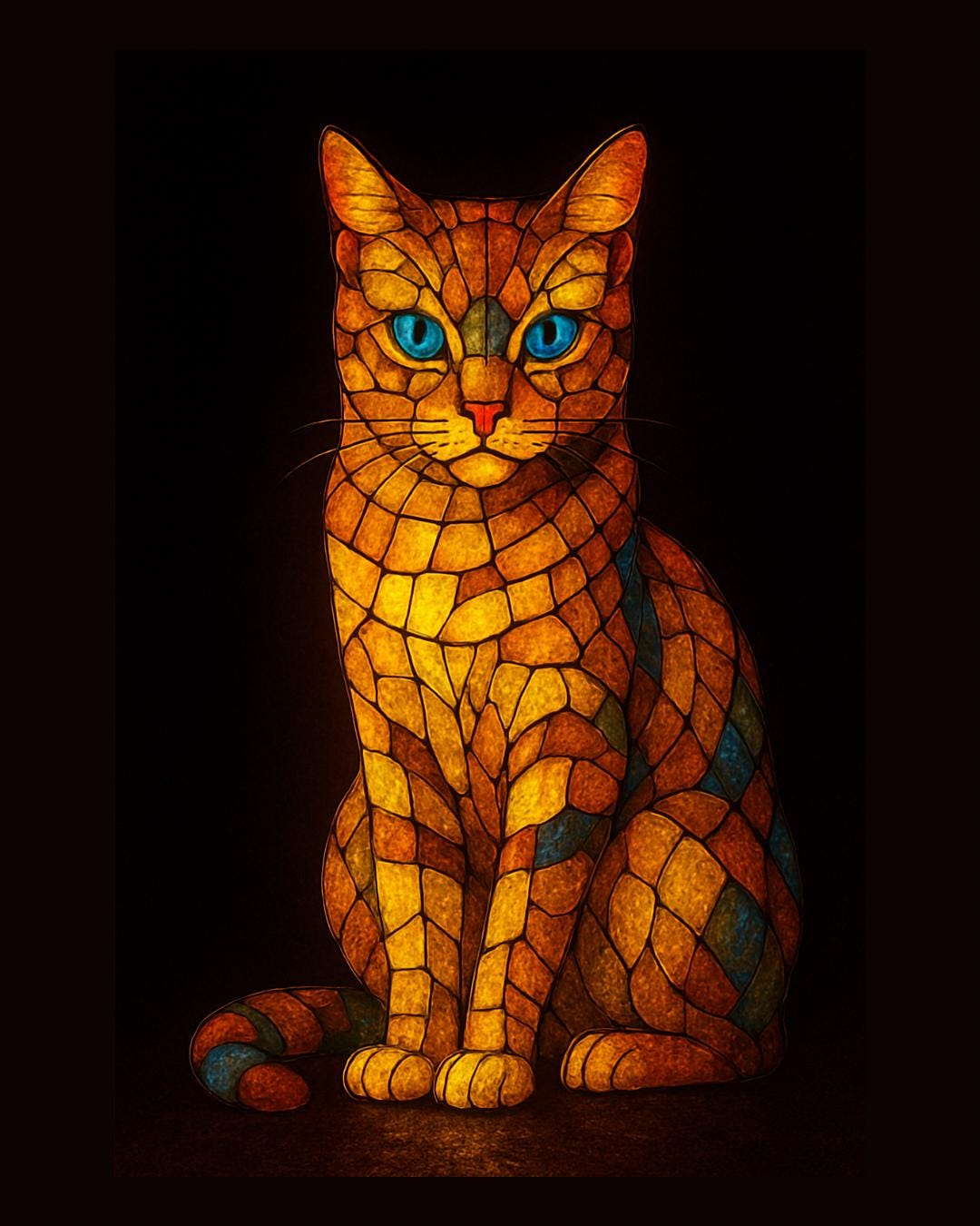 Stained Glass Cat Art Print: Kaleidoscope Feline, Blue Eyes (digital ...