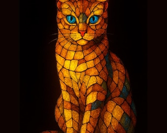 ラファエル作のステンドグラスの黒猫 - デジタルアートプリント - 猫の