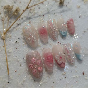 3D Floral Press On Nails, Hand-Painted Pink Sakura-Inspired Nail Set, Elegant Pearlescent Nails, Reusable False Nails