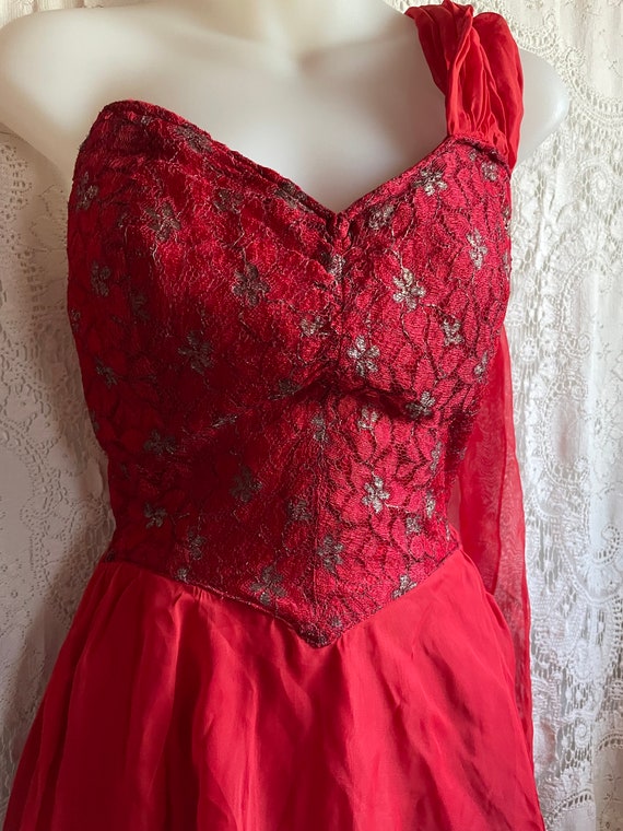 Vintage 50s Strapless Dress, red with lace, taffe… - image 4