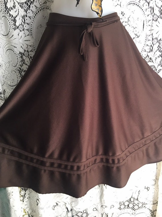 Vintage 70s chocolate brown polyester midi skirt w