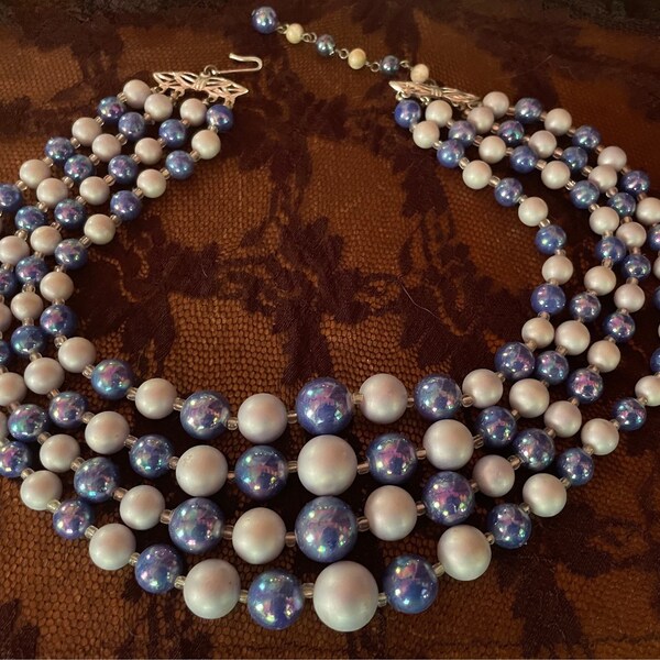 Vintage beaded 4-strand necklace in purple and lavender 13"