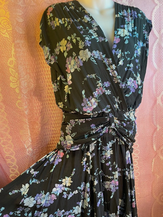 Vintage 80s black floral low waist midi DRESS - image 1