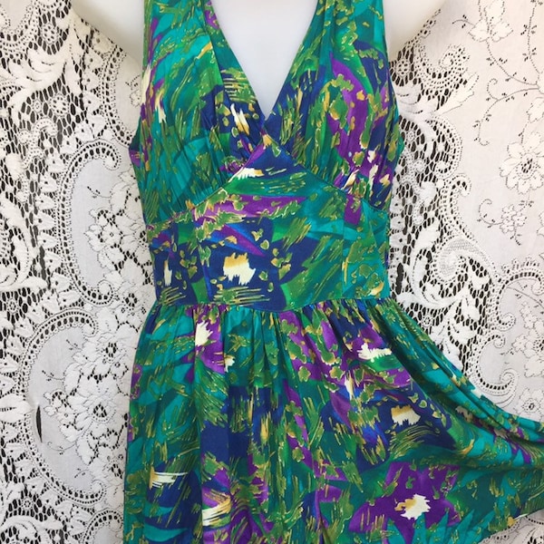 60s style 70s/early 80s Vintage Romper shorts with halter top, keyhole, jewel tones, gorgeous!