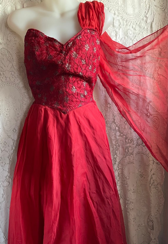 Vintage 50s Strapless Dress, red with lace, taffe… - image 1