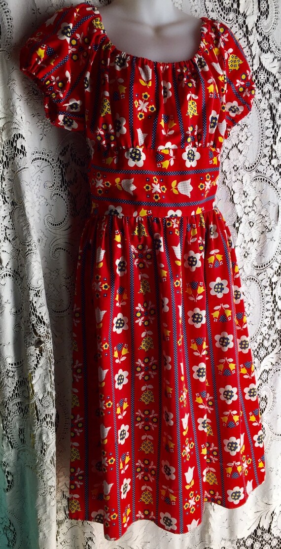 Vintage 60s 70s red country prairie floral Americ… - image 4