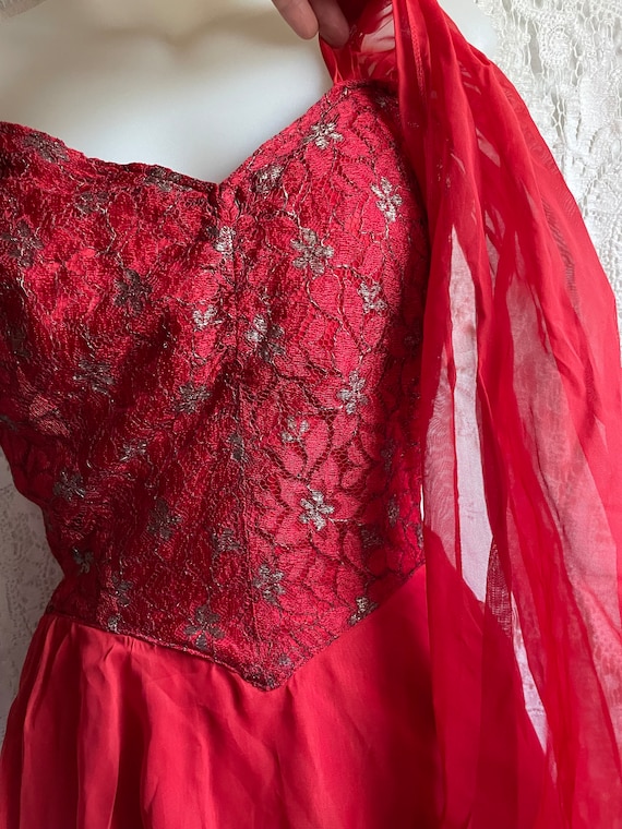 Vintage 50s Strapless Dress, red with lace, taffe… - image 2