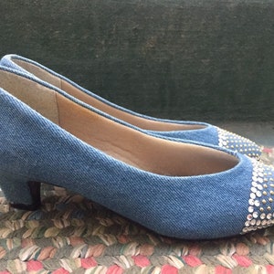 Vintage 80s Denim Kitten Heels with Rhinestones