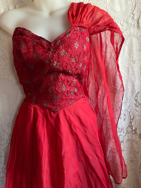 Vintage 50s Strapless Dress, red with lace, taffe… - image 5