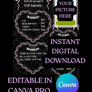 May include: Black digital tip menu template with white lace-like borders and pink text. The template includes sections for ratings, bundles, and a picture placeholder. Text includes "Instant Digital Download" and "Editable in Canva Pro."