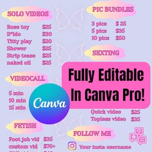 May include: A digital tip menu template with a light purple background and pink text. It features sections for solo videos, pic bundles, sexting, videocalls, and fetish content. A large pink box states Fully Editable In Canva Pro! with a Canva logo.