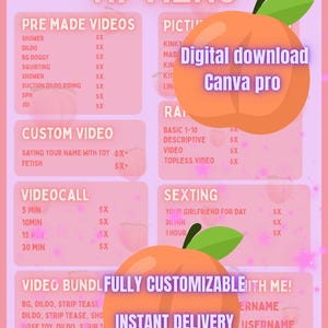 Puede incluir: Un menú de propinas rosa de descarga digital de Canva Pro con varios servicios enumerados, que incluyen videos prefabricados, videos personalizados, videollamadas, sexting y paquetes de video. La imagen presenta gráficos de melocotón y texto.