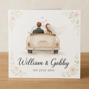 Romantic Wedding Card – Just Married Couple in Car – Funny & Sweet Personalized Gift