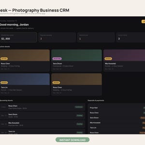 Könnte beinhalten: Ein Software-Dashboard im dunklen Design mit dem Titel StudioDesk - Photography Business CRM von TORQ. Die Benutzeroberfläche zeigt aktive Shootings, Kundennamen, Buchungsstatus und Zahlungsübersichten in einem Rasterlayout.