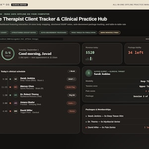 May include: A dark-themed software dashboard titled MassageDesk OS Clinical Edition, featuring a clinical schedule, revenue tracker, and client management hub. The interface displays patient names, appointment times, and session details in a structured layout.