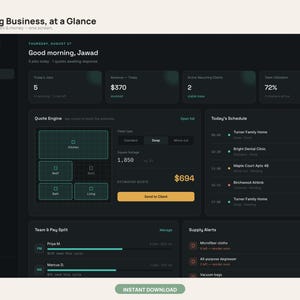 May include: A dark-themed software dashboard titled Cleaning Business, at a Glance by TORQ. The interface displays metrics including 5 jobs, $370 revenue, 2 active clients, and 72% team utilization, alongside a quote engine and daily schedule.