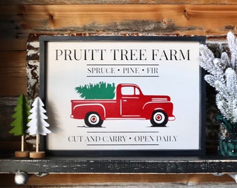 Red Truck Personalized Tree Farm Sign, Family Name Sign, Winter Home Decor