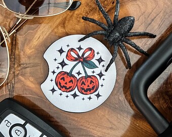 Pumpkin Cherry Car Coaster: Halloween Spooky Neoprene Car Accessory