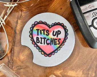 Tits Up Crude Humor Car Coaster, Funny Car Accessory
