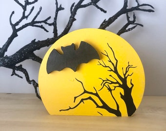 Halloween Moon Wood Decor, Moon and Bat, Spooky Tiered Tray Decor