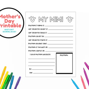 My Mimi Printable for Mother&#39;s Day, What I Love About My Mimi, Custom Printable