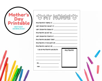 My Nonni Printable for Mother's Day, What I Love About My Nonni, Custom Printable Worksheet