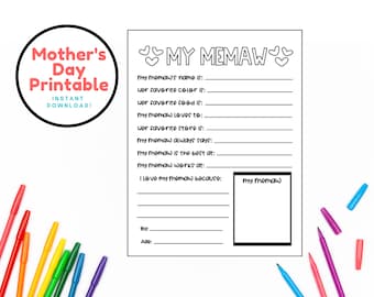 My Memaw Printable for Mother's Day, What I Love About My Memaw Worksheet, Custom Printable
